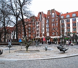 Rostock, Brunnen vor der Universität : Brunnen, Häuser, Kahle Bäume